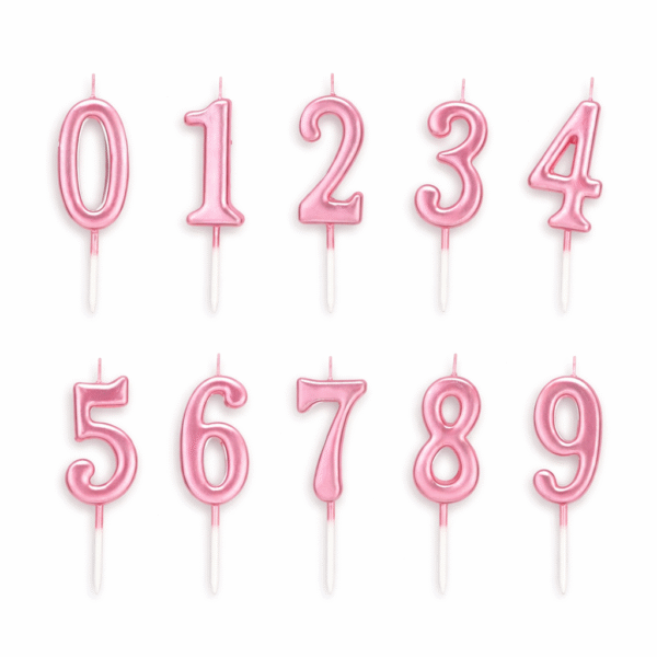 Rožinė metalo spalvos skaičių formos gimtadienio žvakutės (0–9)