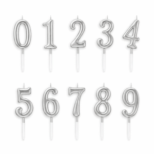 Sidabrinės spalvos skaičių formos gimtadienio žvakutės (0–9)