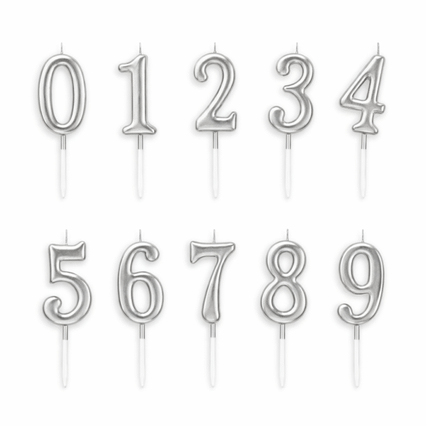 Sidabrinės spalvos skaičių formos gimtadienio žvakutės (0–9)