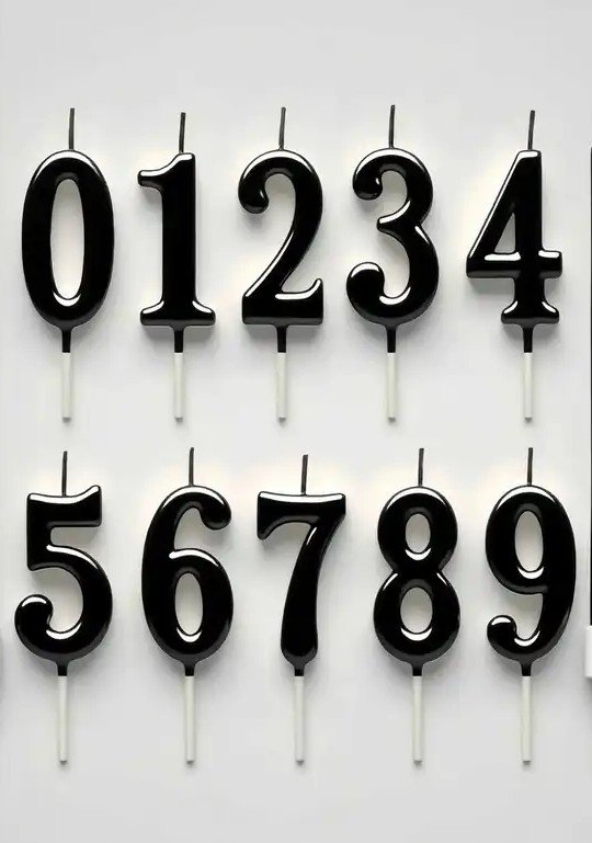 Juodos spalvos skaičių formos gimtadienio žvakutės (0–9)
