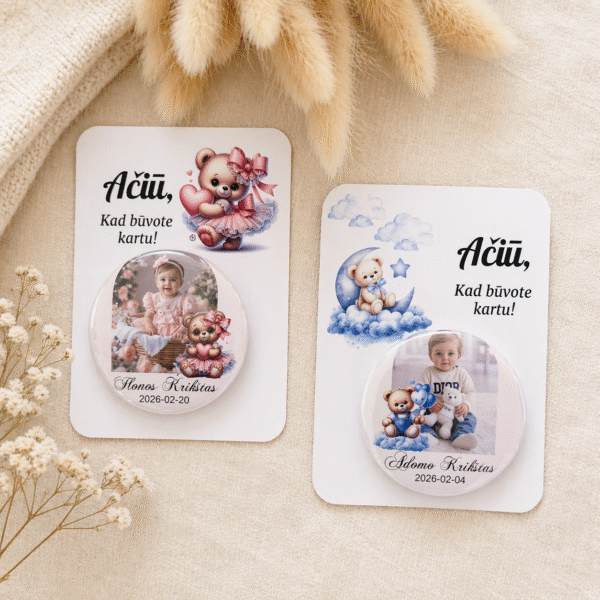 Personalizuoti krikštynų ženkliukai svečiams