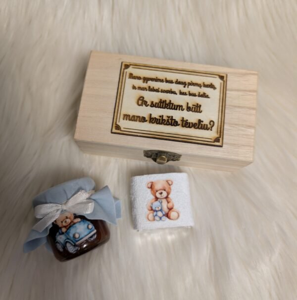 Mini medus – rankų darbo saldainis su aksominiu įpakavimu medinėje dėžutėje