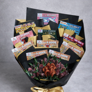 Loterijos bilietų ir užkandžių puokštė