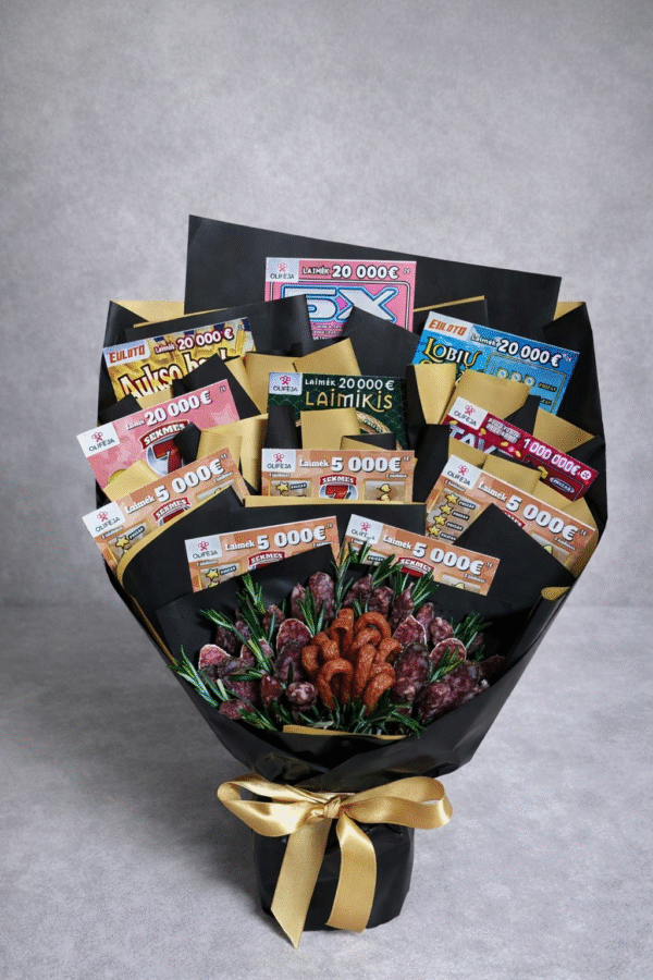 Loterijos bilietų ir užkandžių puokštė