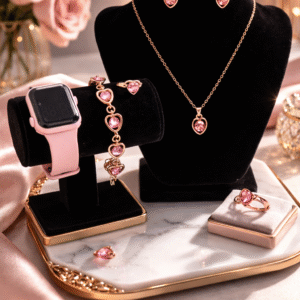 Rožinio aukso spalvos papuošalų ir laikrodžio rinkinys