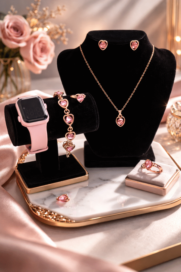 Rožinio aukso spalvos papuošalų ir laikrodžio rinkinys