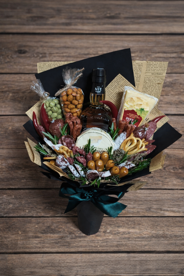 Prabangi vyriška gurmaniška puokštė su užkandžiais ir gėrimu