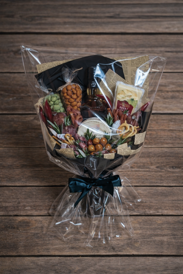 Prabangi vyriška gurmaniška puokštė su užkandžiais ir gėrimu