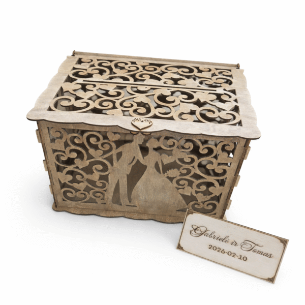 Vestuvinė medinė dėžutė vokams / pinigams – personalizuota